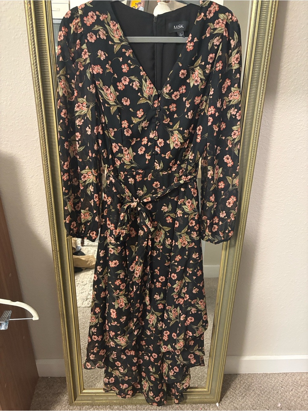 MSK Black Floral Tie Long-Sleeve Dress with asymmetrical hem